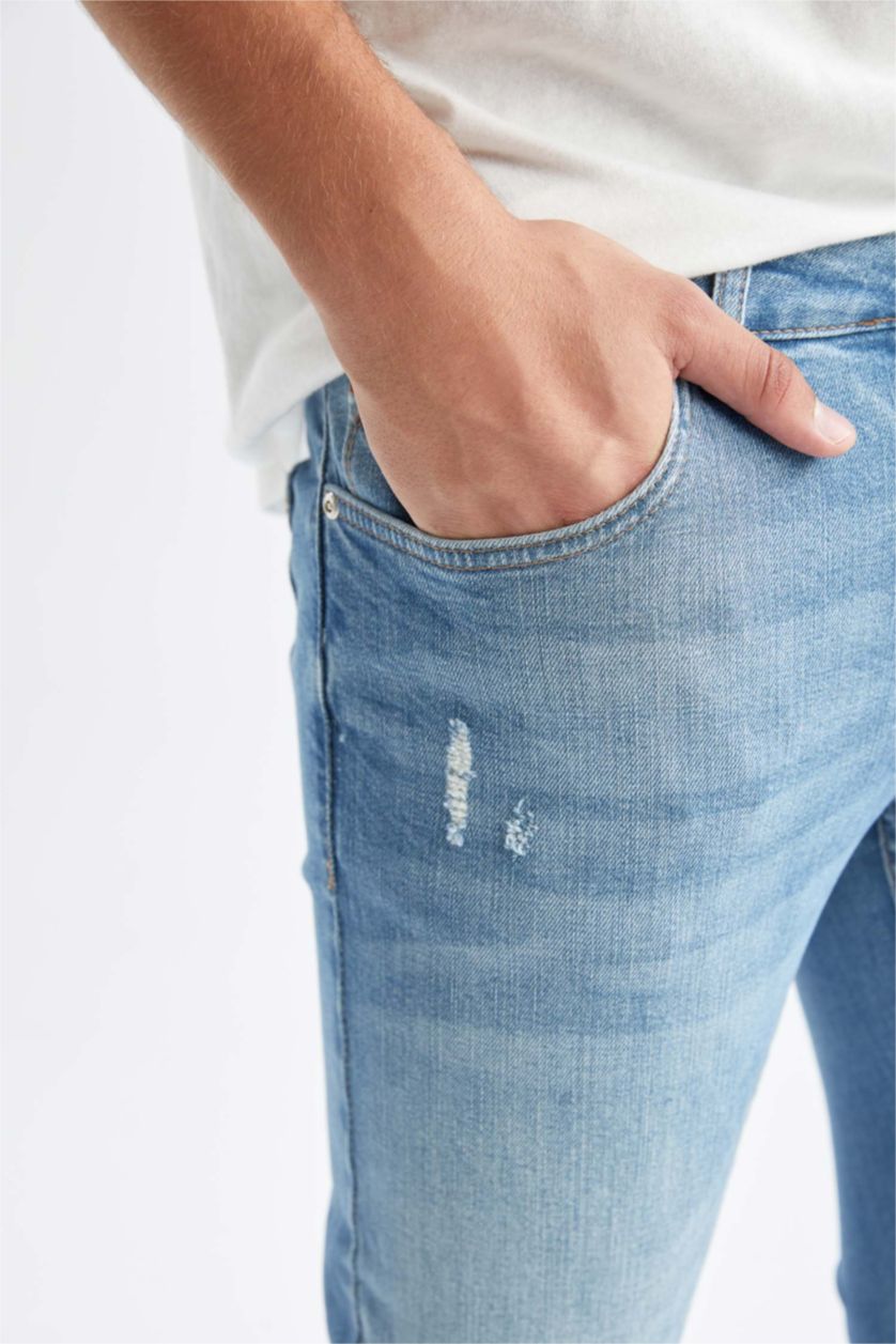 Erkek Açık Yeşil Skinny Comfort Fit Dar Rahat Kalıp Normal Bel Ekstra Dar Paça Yırtık Detaylı Jean Pantolon