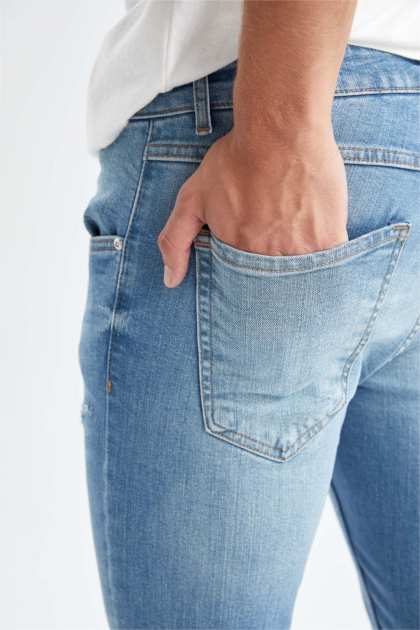 Erkek Açık Yeşil Skinny Comfort Fit Dar Rahat Kalıp Normal Bel Ekstra Dar Paça Yırtık Detaylı Jean Pantolon