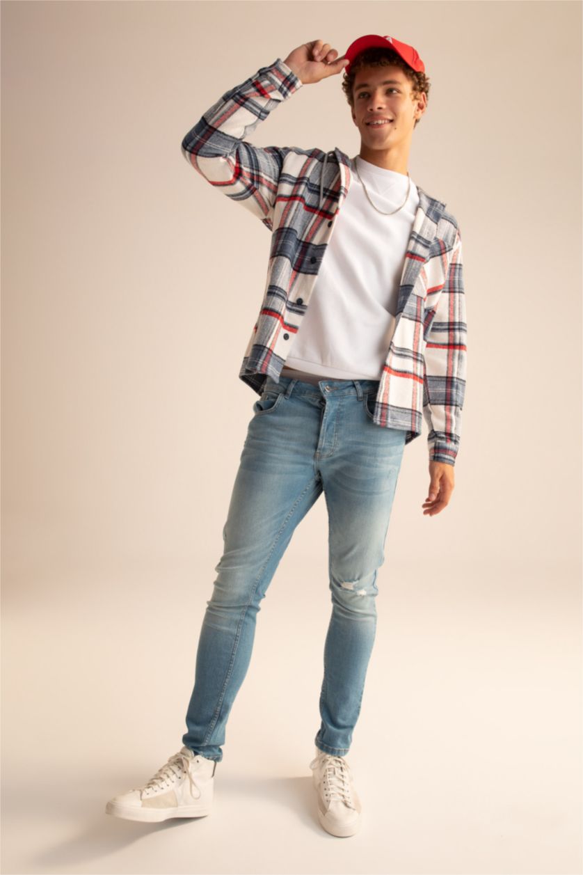 Erkek Açık Yeşil Skinny Comfort Fit Dar Rahat Kalıp Normal Bel Ekstra Dar Paça Yırtık Detaylı Jean Pantolon