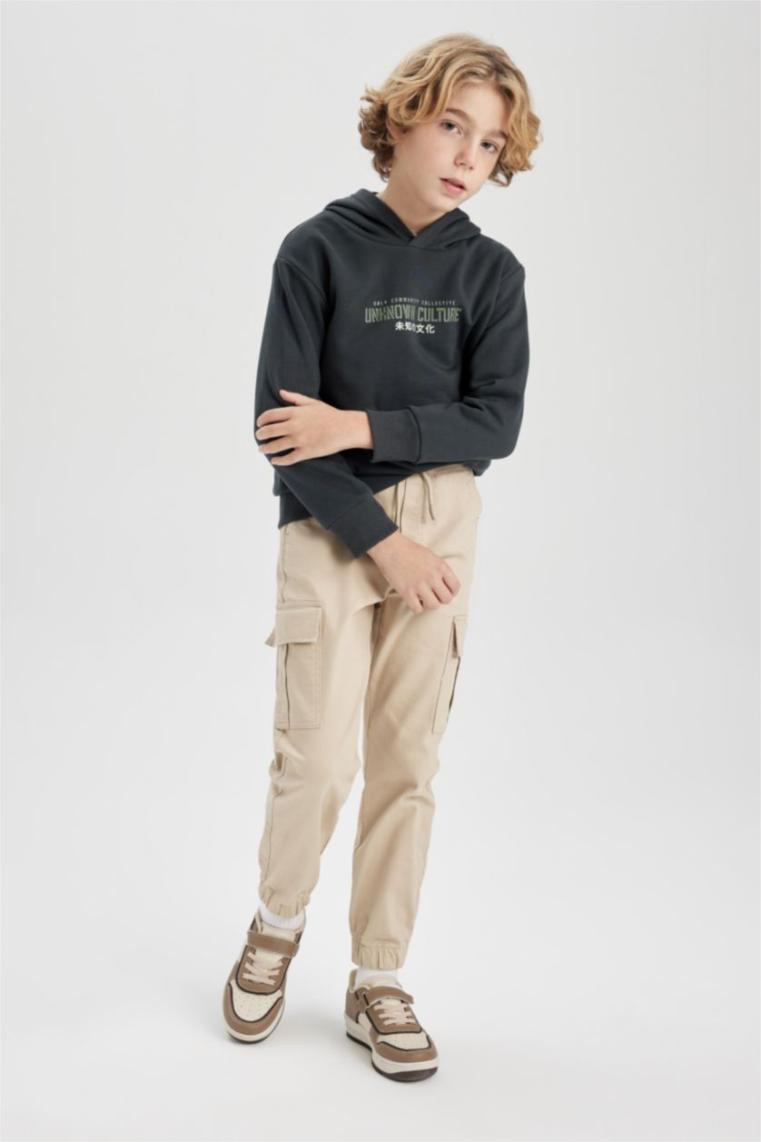 Erkek Çocuk - Genç Erkek Bej Erkek Çocuk Kargo Cepli Beli Bağcıklı Lastikli Paça Jogger Gabardin Pantolon