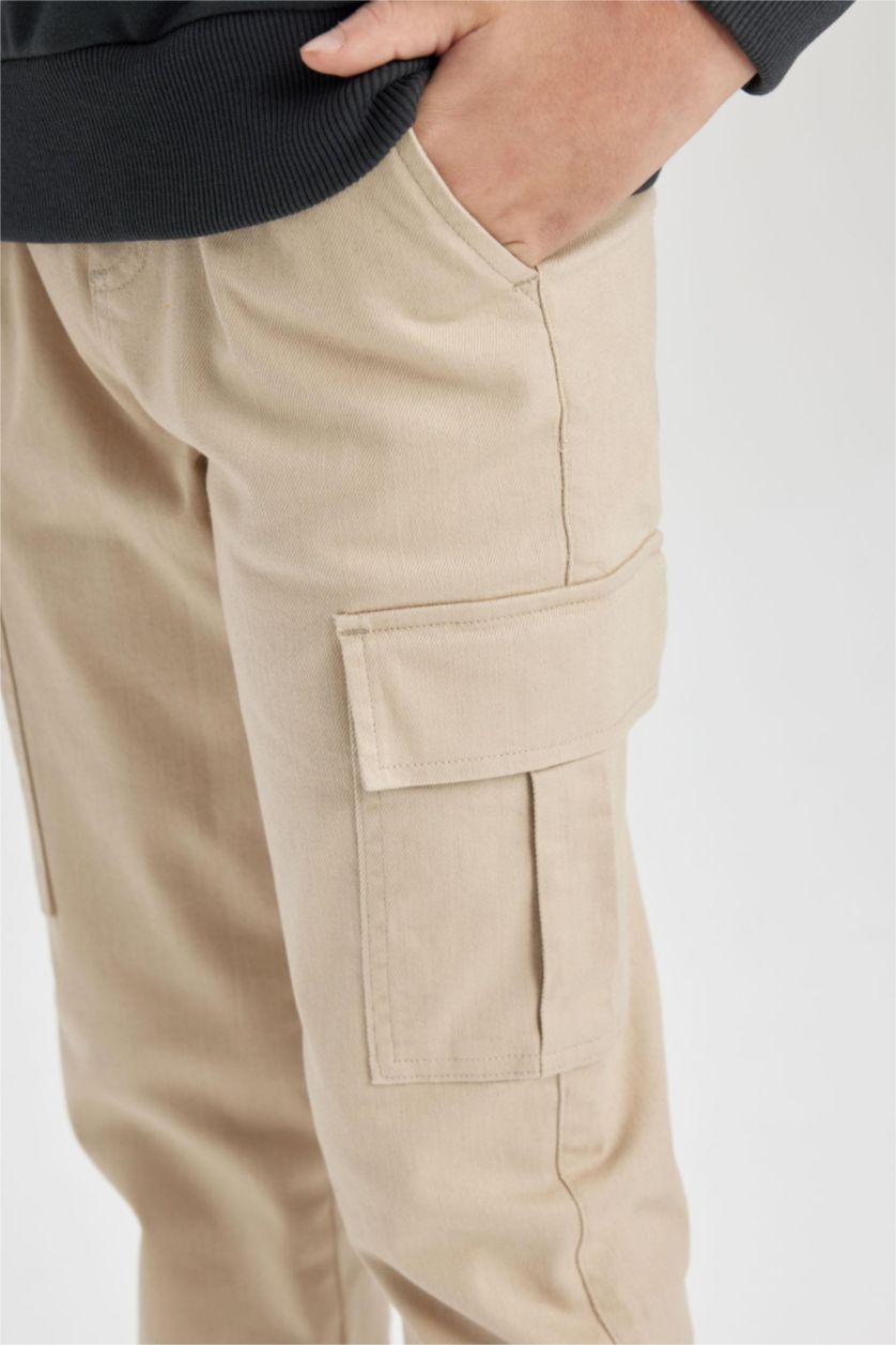 Erkek Çocuk - Genç Erkek Bej Erkek Çocuk Kargo Cepli Beli Bağcıklı Lastikli Paça Jogger Gabardin Pantolon