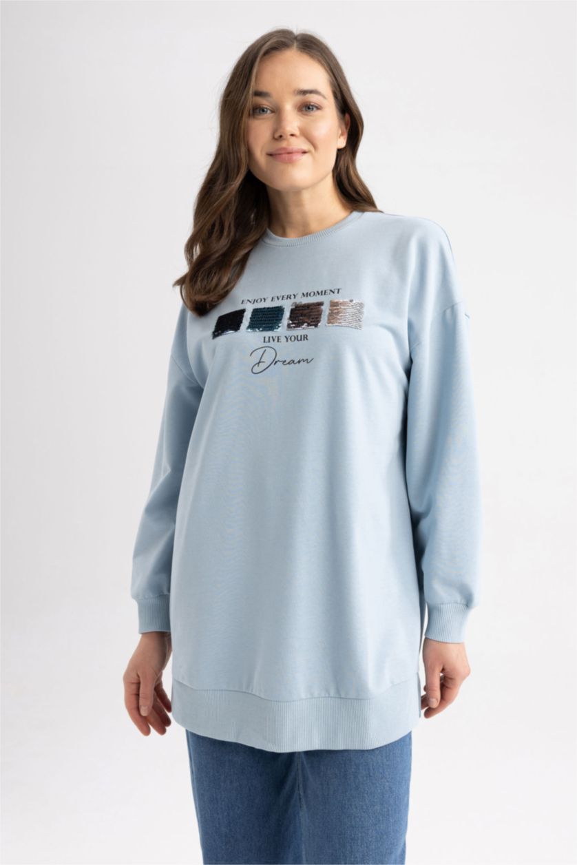 WOMAN Light Blue Relax Fit Crew Neck Sweatshirt Fabric Sweatshirt Tunic