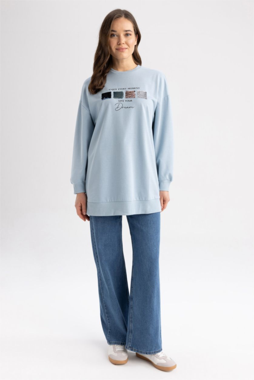 WOMAN Light Blue Relax Fit Crew Neck Sweatshirt Fabric Sweatshirt Tunic