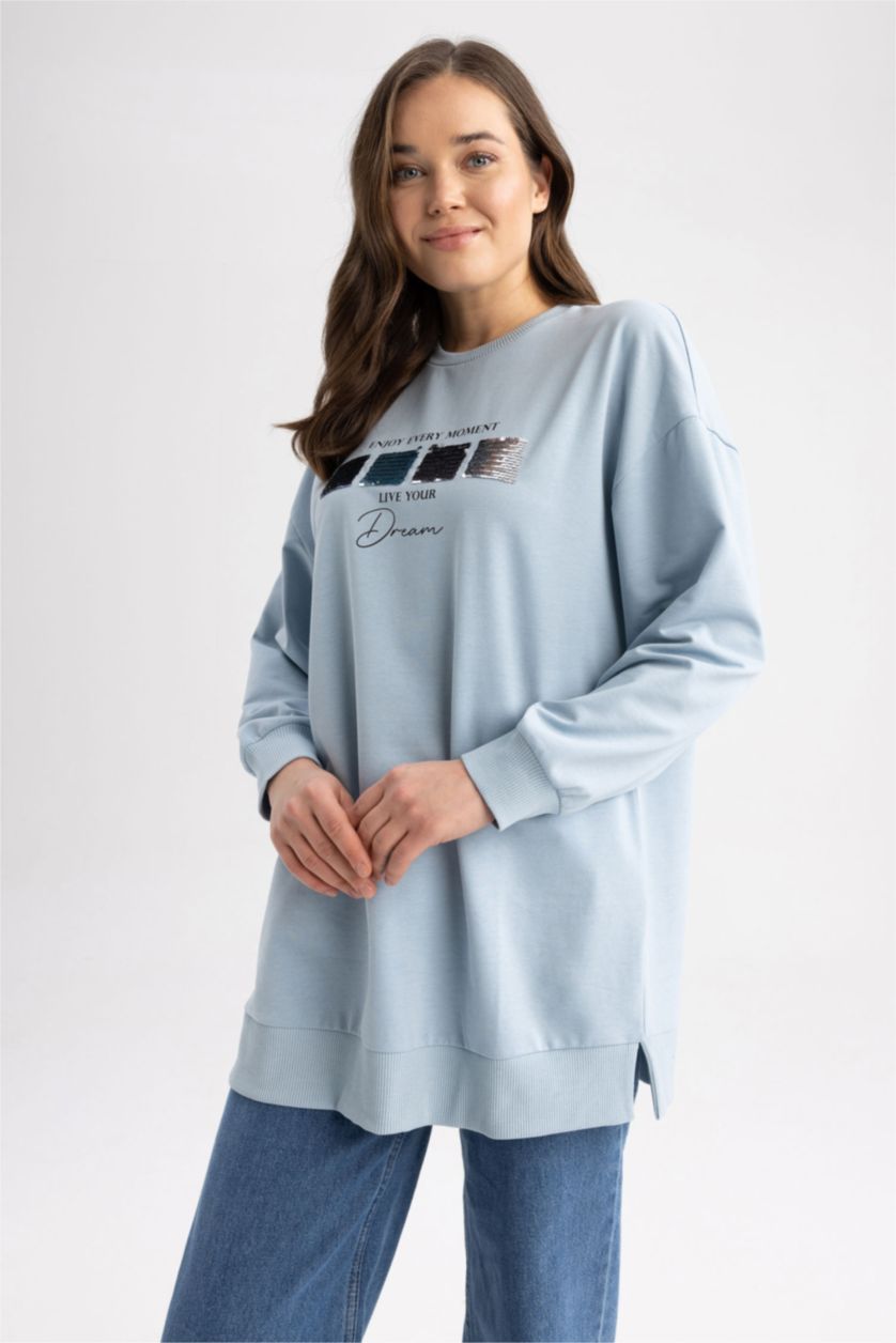 WOMAN Light Blue Relax Fit Crew Neck Sweatshirt Fabric Sweatshirt Tunic