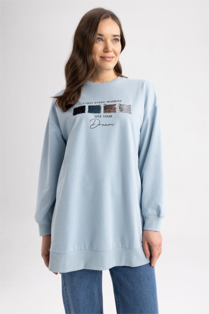 WOMAN Light Blue Relax Fit Crew Neck Sweatshirt Fabric Sweatshirt Tunic