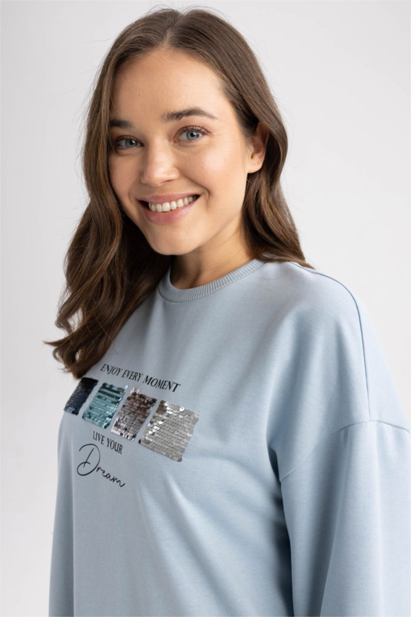 WOMAN Light Blue Relax Fit Crew Neck Sweatshirt Fabric Sweatshirt Tunic