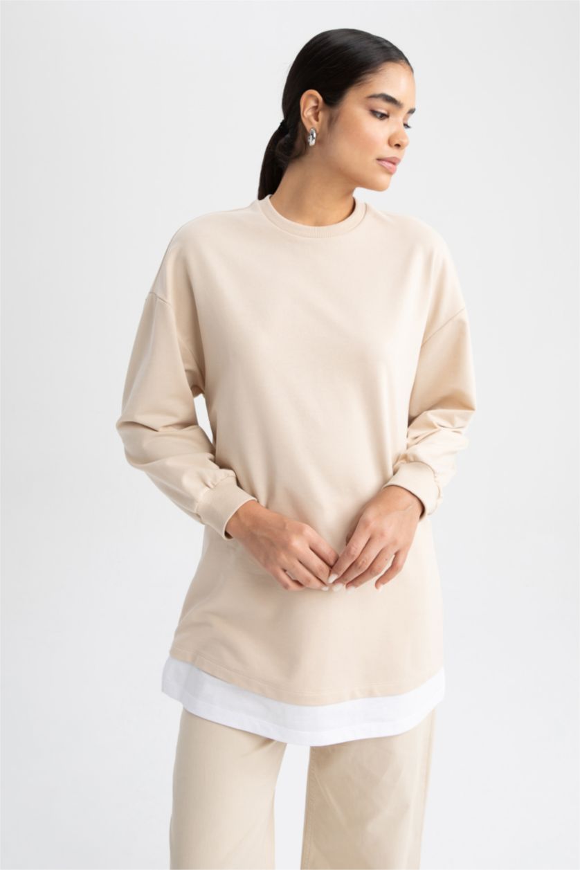 WOMAN Beige Relax Fit Crew Neck Printed Sweatshirt Tunic
