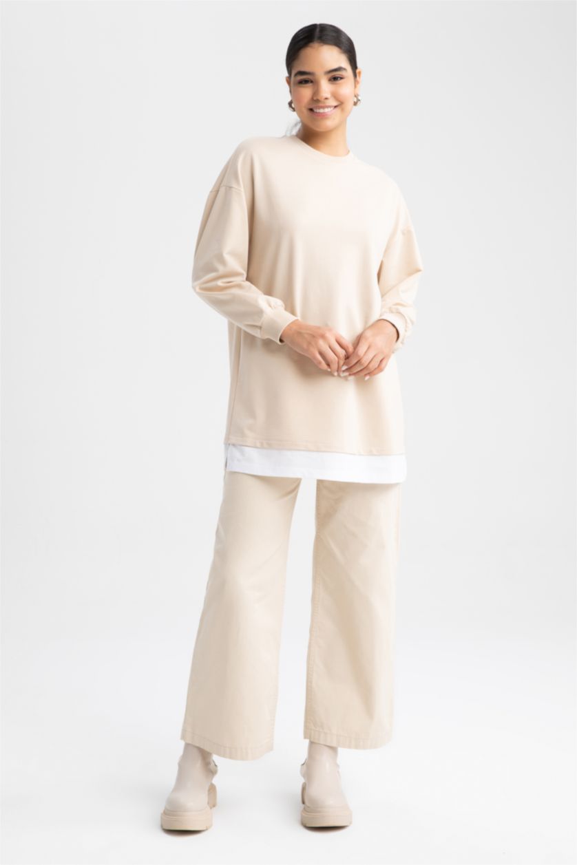 WOMAN Beige Relax Fit Crew Neck Printed Sweatshirt Tunic