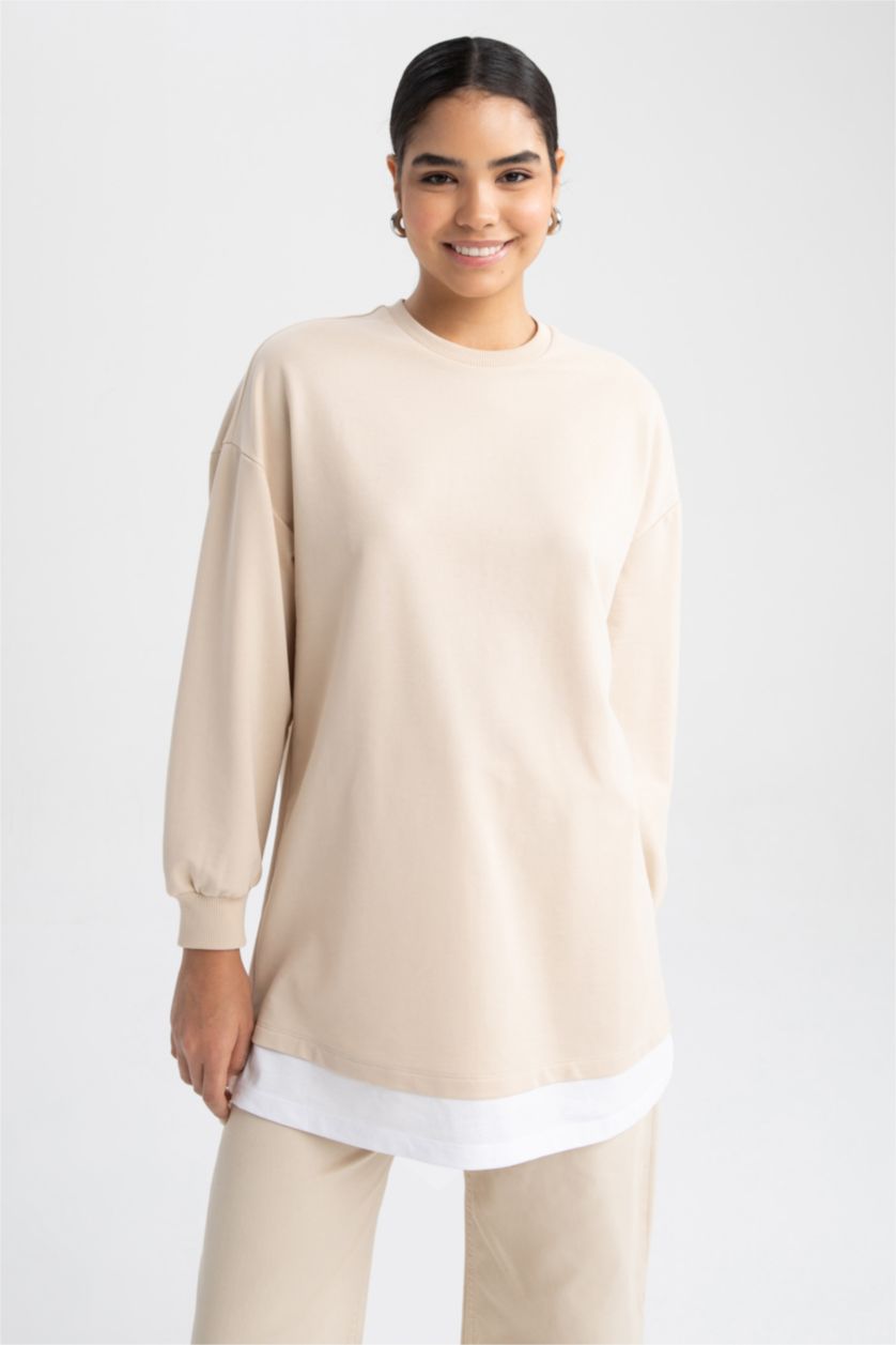 WOMAN Beige Relax Fit Crew Neck Printed Sweatshirt Tunic
