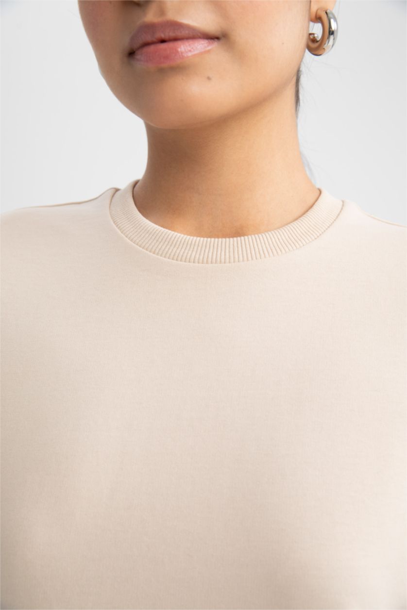 WOMAN Beige Relax Fit Crew Neck Printed Sweatshirt Tunic