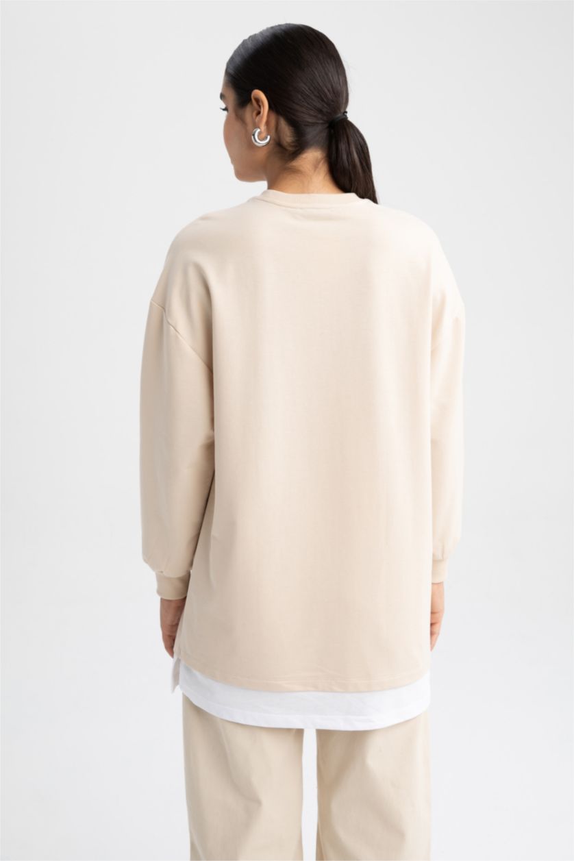 WOMAN Beige Relax Fit Crew Neck Printed Sweatshirt Tunic