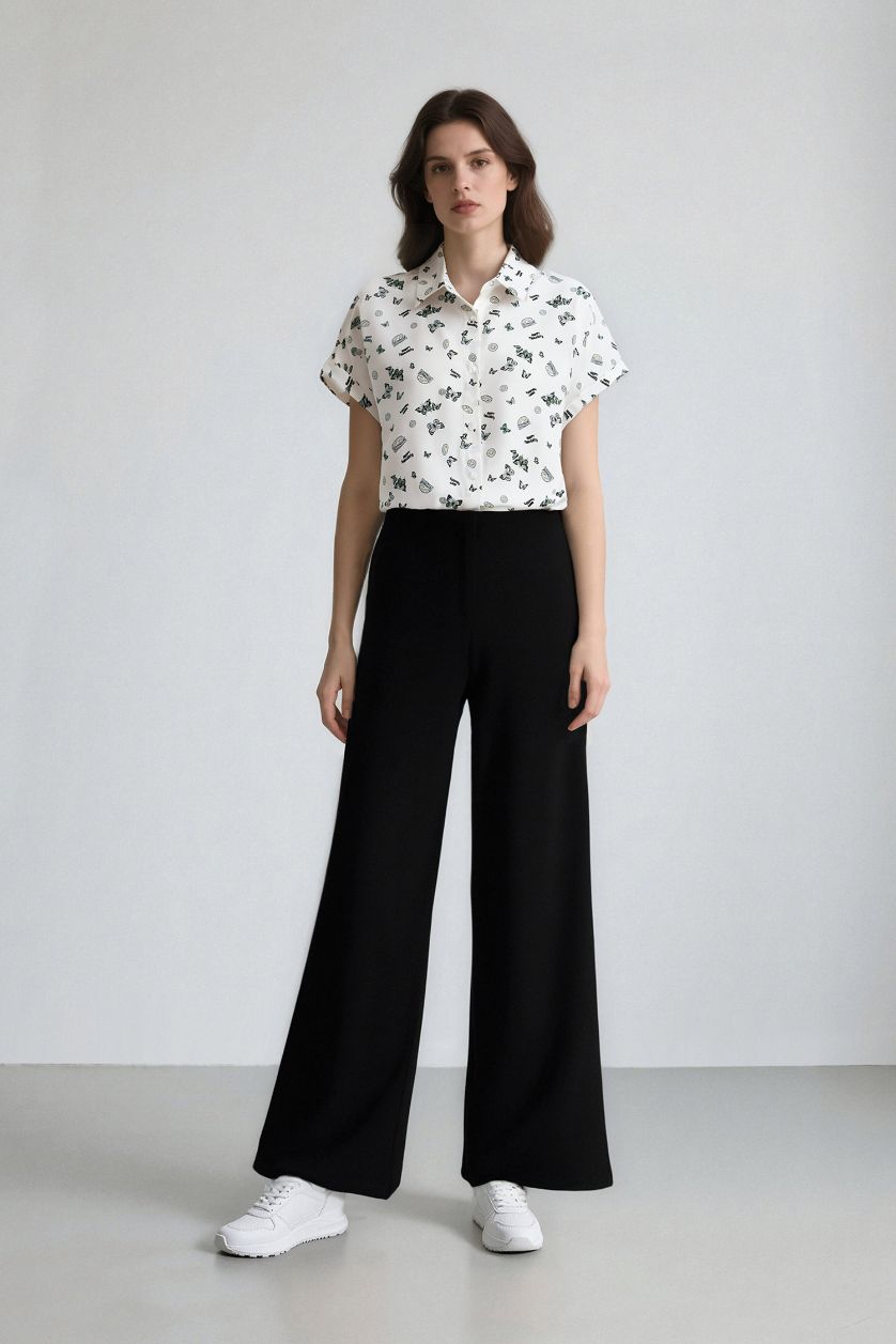 Kadın Yeşil Desenli Viskon Kısa Kollu Gömlek