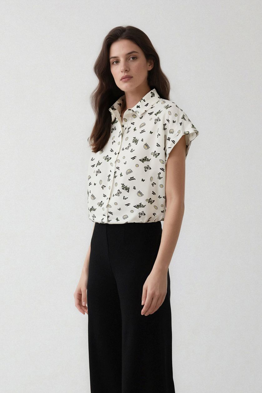 Kadın Yeşil Desenli Viskon Kısa Kollu Gömlek