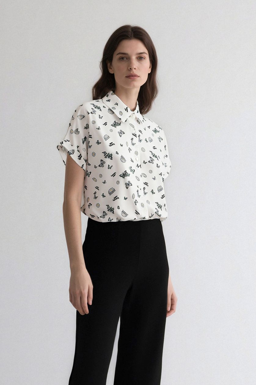 Kadın Yeşil Desenli Viskon Kısa Kollu Gömlek