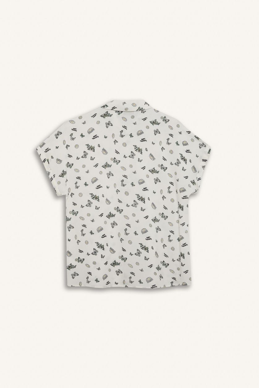 Kadın Yeşil Desenli Viskon Kısa Kollu Gömlek