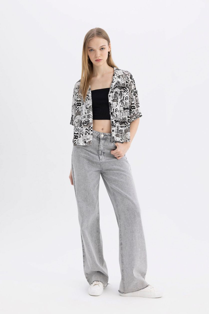 Woman Black Coool Regular Fit Pajama Collar Printed Short Sleeve Shirt