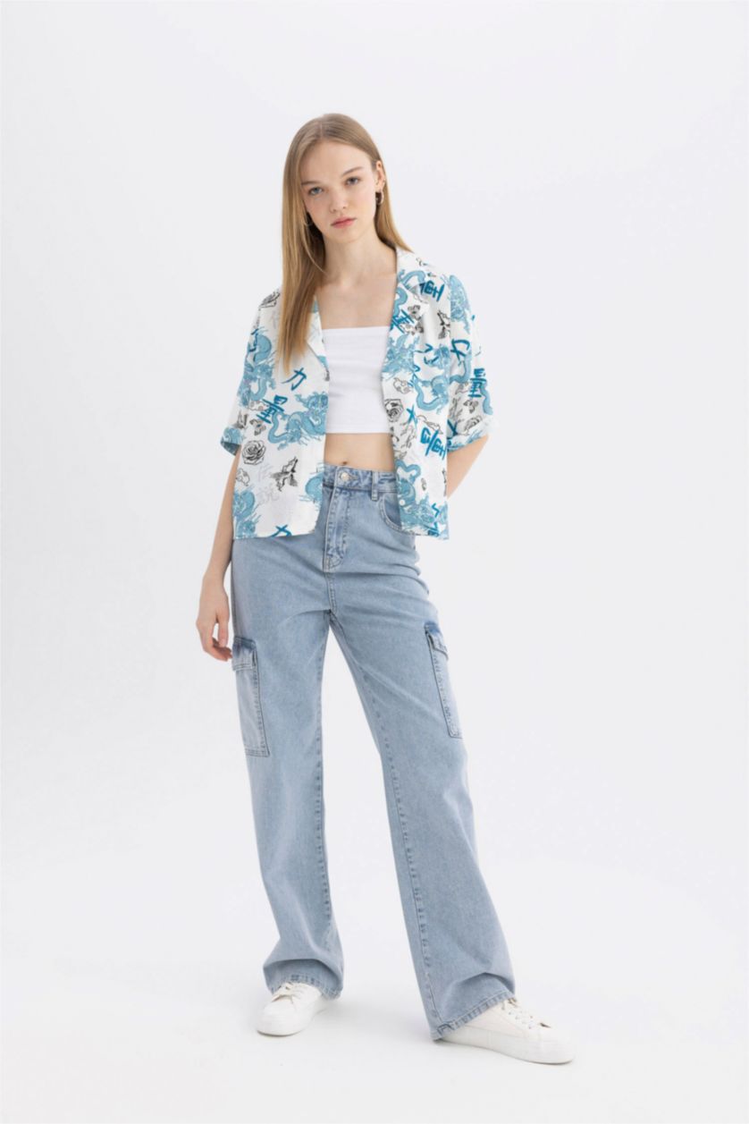 Kadın Kırık Beyaz Coool Regular Fit Pijama Yaka Desenli Kısa Kollu Gömlek