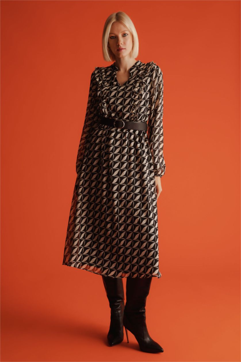 FEMME Noir Robe Tissée À Manches Longues Mousseline De Soie Géométrique Doublé Col contrasté