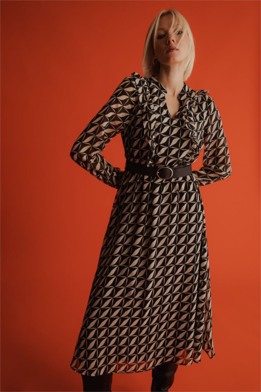 FEMME Noir Robe Tissée À Manches Longues Mousseline De Soie Géométrique Doublé Col contrasté