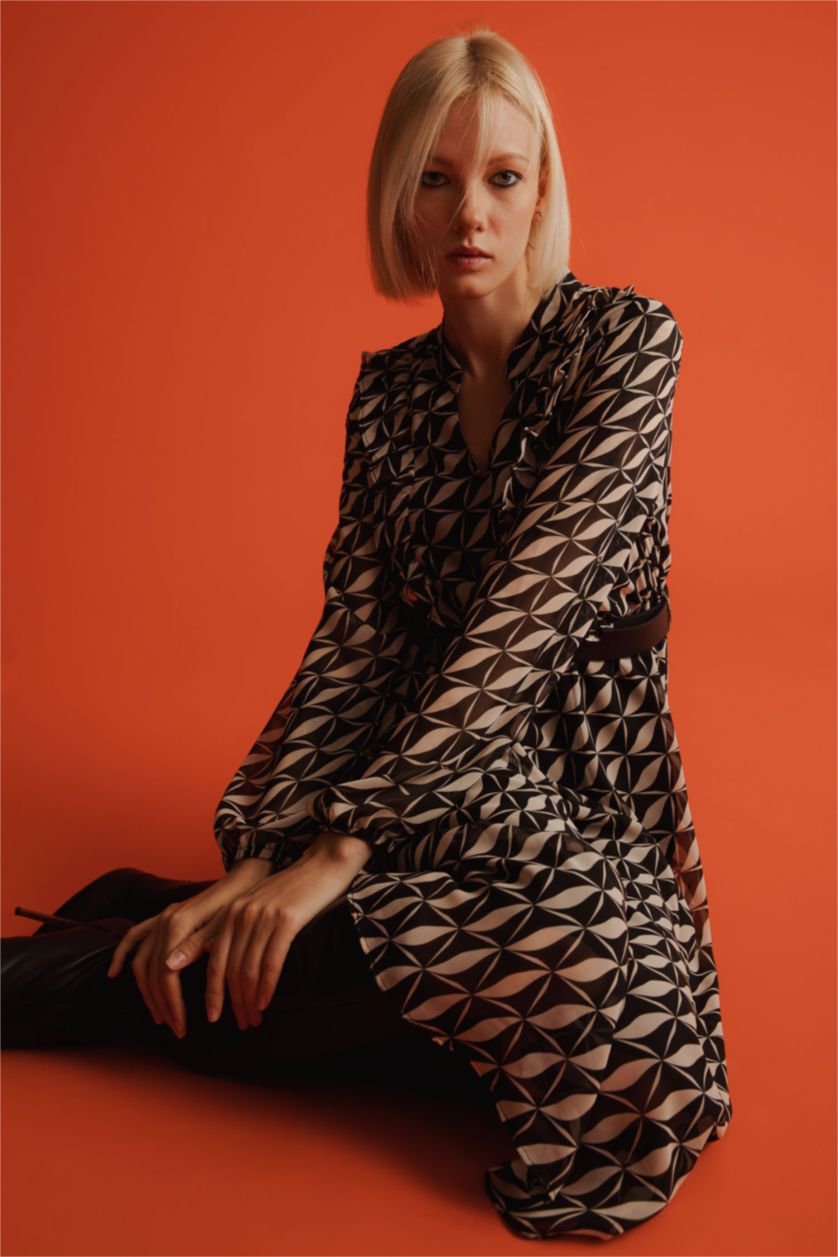 FEMME Noir Robe Tissée À Manches Longues Mousseline De Soie Géométrique Doublé Col contrasté