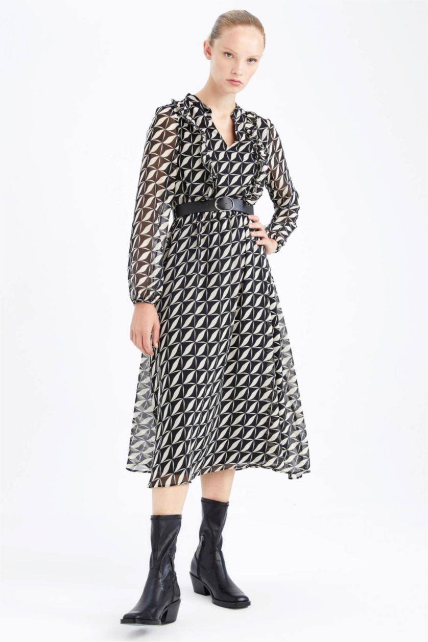 FEMME Noir Robe Tissée À Manches Longues Mousseline De Soie Géométrique Doublé Col contrasté