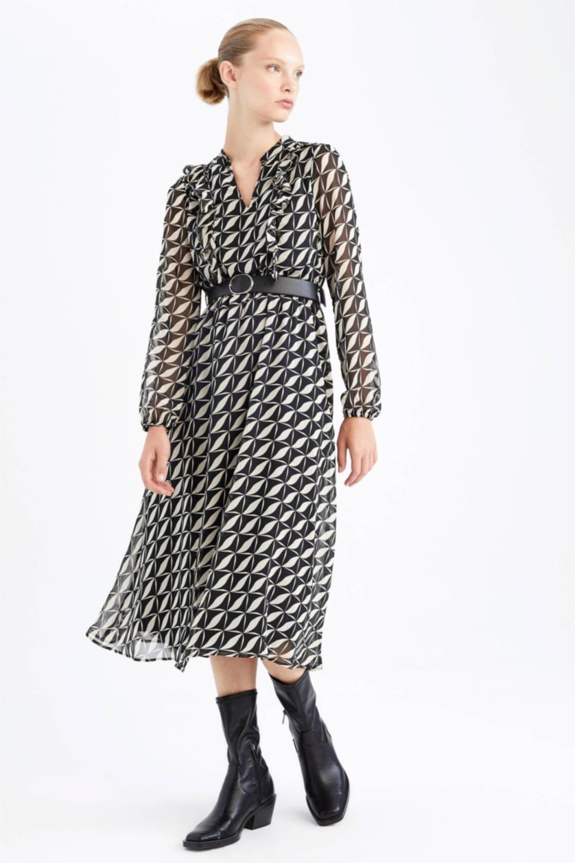 FEMME Noir Robe Tissée À Manches Longues Mousseline De Soie Géométrique Doublé Col contrasté