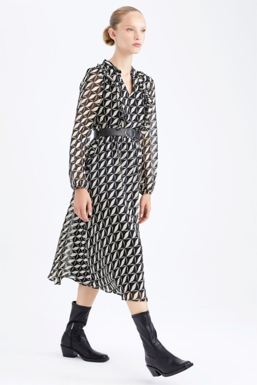 FEMME Noir Robe Tissée À Manches Longues Mousseline De Soie Géométrique Doublé Col contrasté