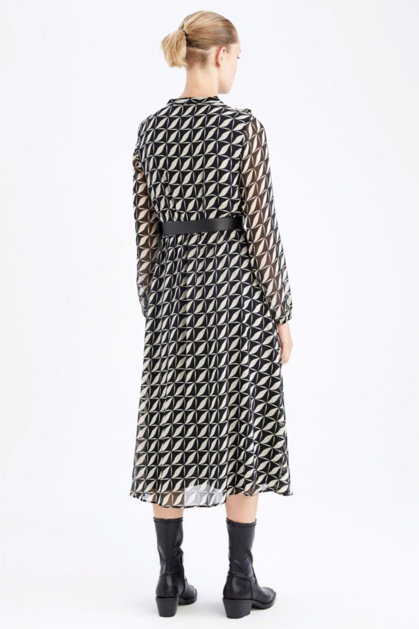 FEMME Noir Robe Tissée À Manches Longues Mousseline De Soie Géométrique Doublé Col contrasté