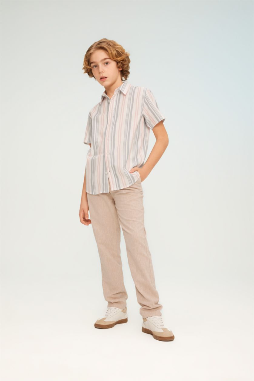 BOYS & TEENS Beige Boy Regular Fit Standard Leg Linen Look Trousers