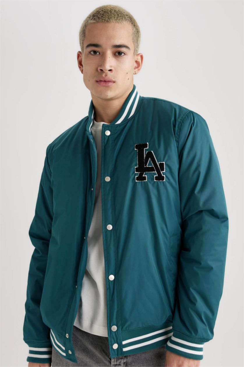 MAN Dark Green Regular Fit College Collar Bomber Jacket
