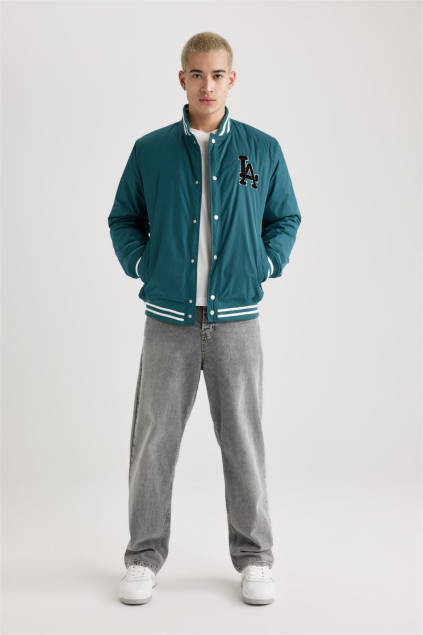 MAN Dark Green Regular Fit College Collar Bomber Jacket