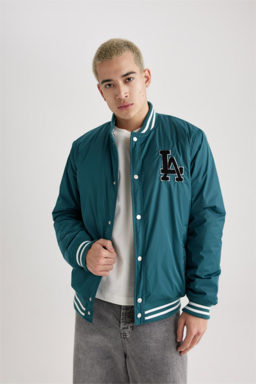 MAN Dark Green Regular Fit College Collar Bomber Jacket