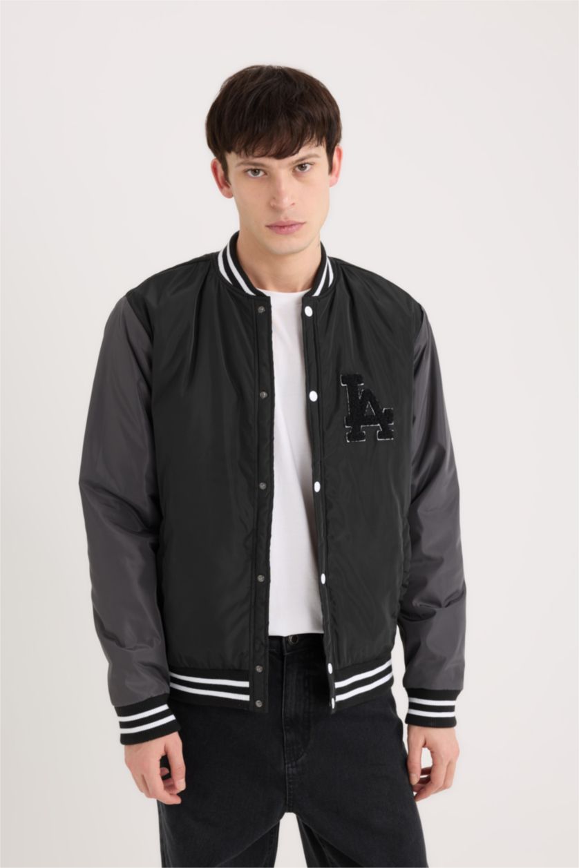 Erkek Siyah Su İtici Bomber Kolej Yaka Çıtçıtlı Çift Cepli Mevsimlik Baharlık Mont