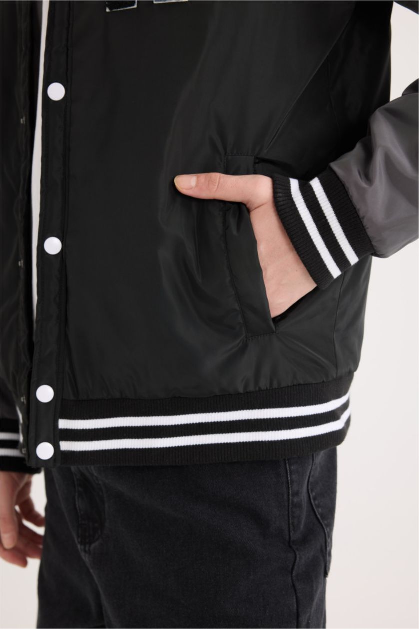 Erkek Siyah Su İtici Bomber Kolej Yaka Çıtçıtlı Çift Cepli Mevsimlik Baharlık Mont