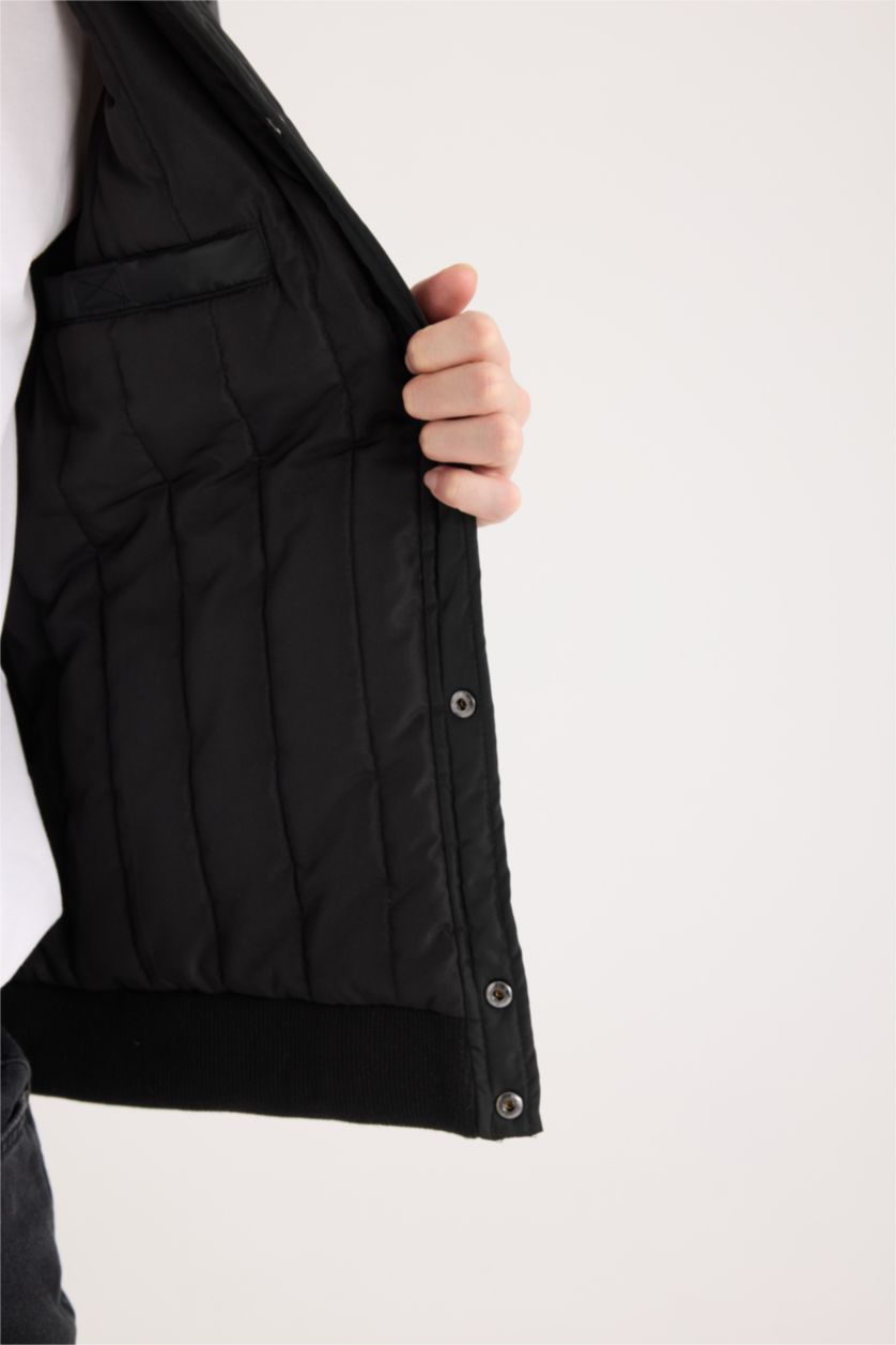 Erkek Siyah Su İtici Bomber Kolej Yaka Çıtçıtlı Çift Cepli Mevsimlik Baharlık Mont