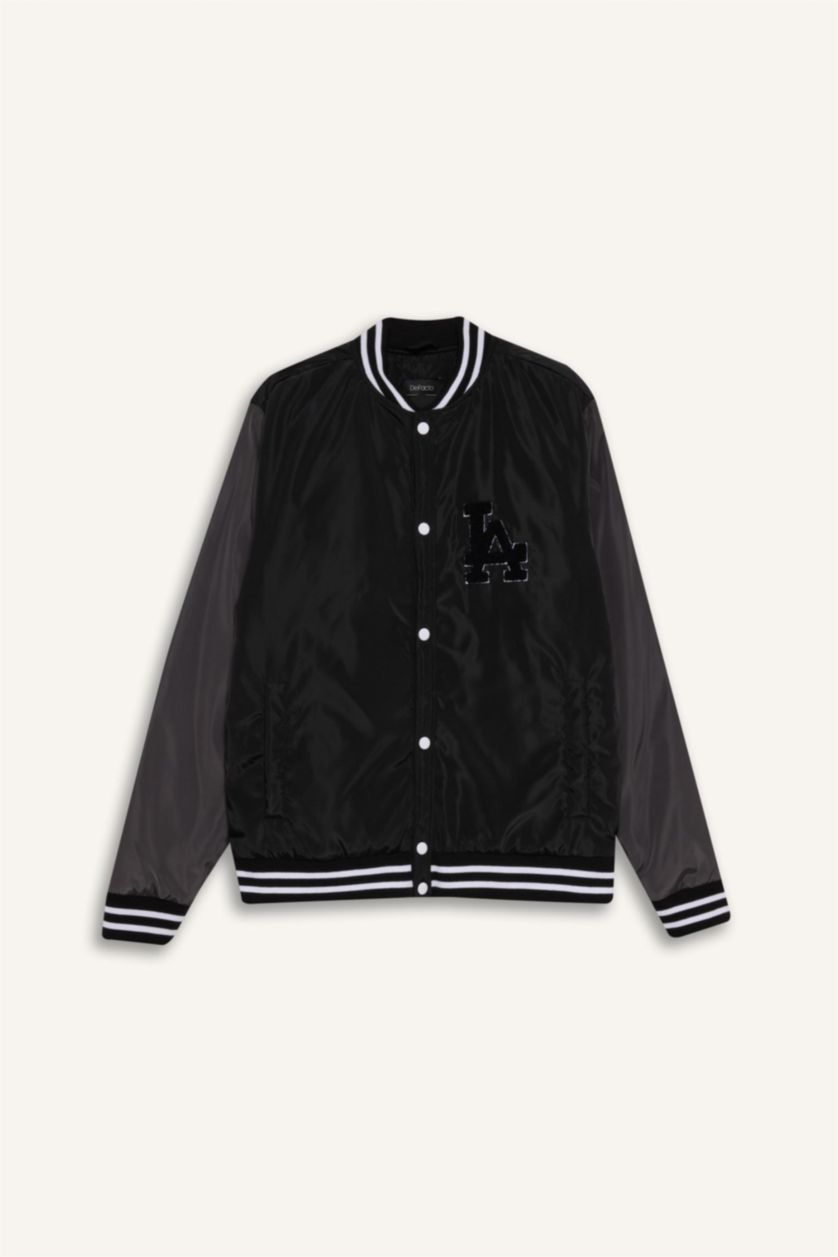 Erkek Siyah Su İtici Bomber Kolej Yaka Çıtçıtlı Çift Cepli Mevsimlik Baharlık Mont