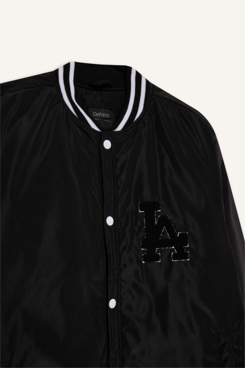 Erkek Siyah Su İtici Bomber Kolej Yaka Çıtçıtlı Çift Cepli Mevsimlik Baharlık Mont