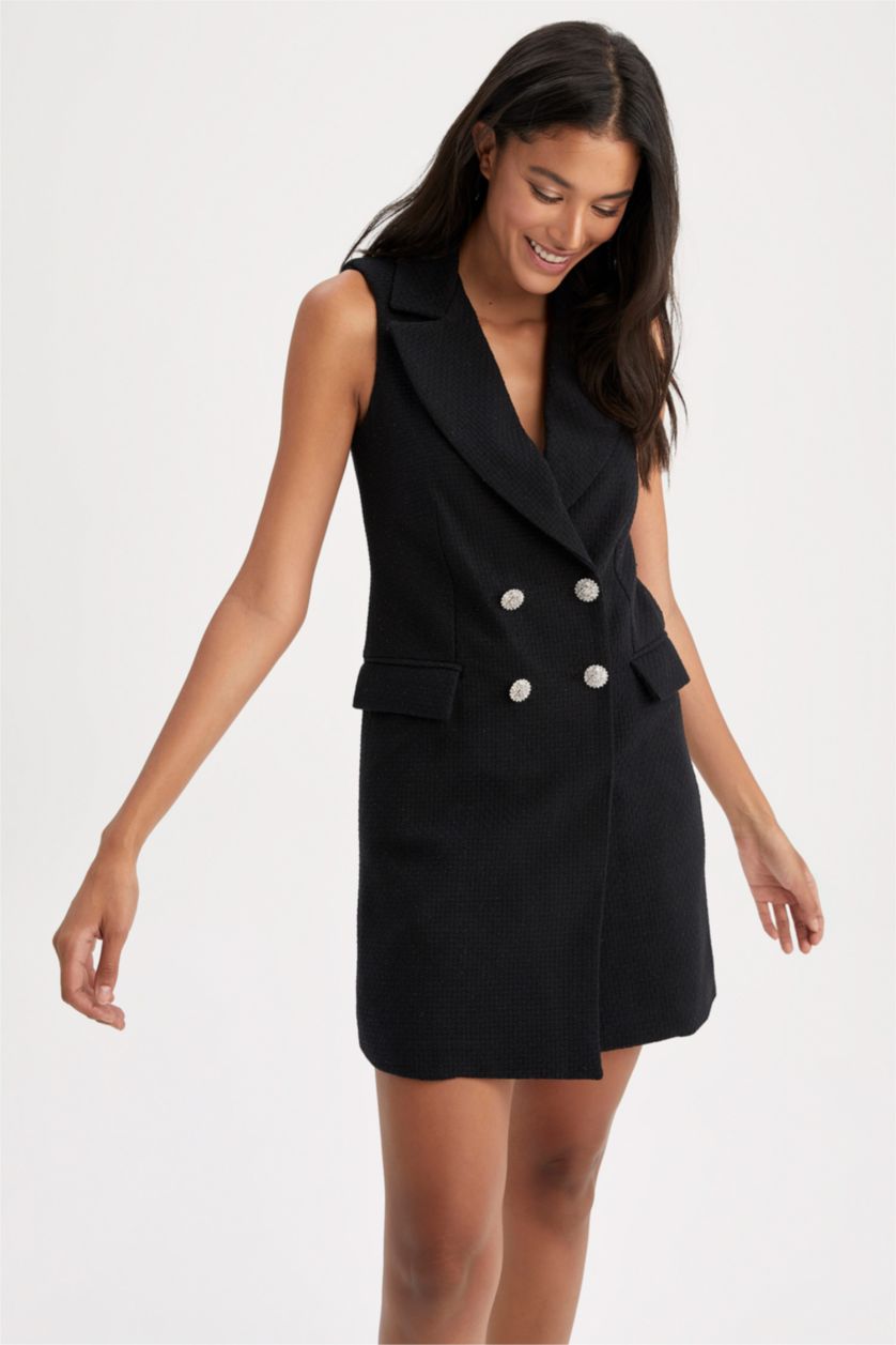 Kadın Siyah A Kesim Ceket Yaka Tweed Kısa Kollu Mini Elbise