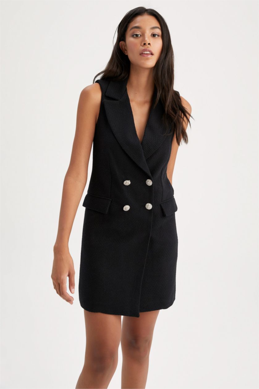 Kadın Siyah A Kesim Ceket Yaka Tweed Kısa Kollu Mini Elbise