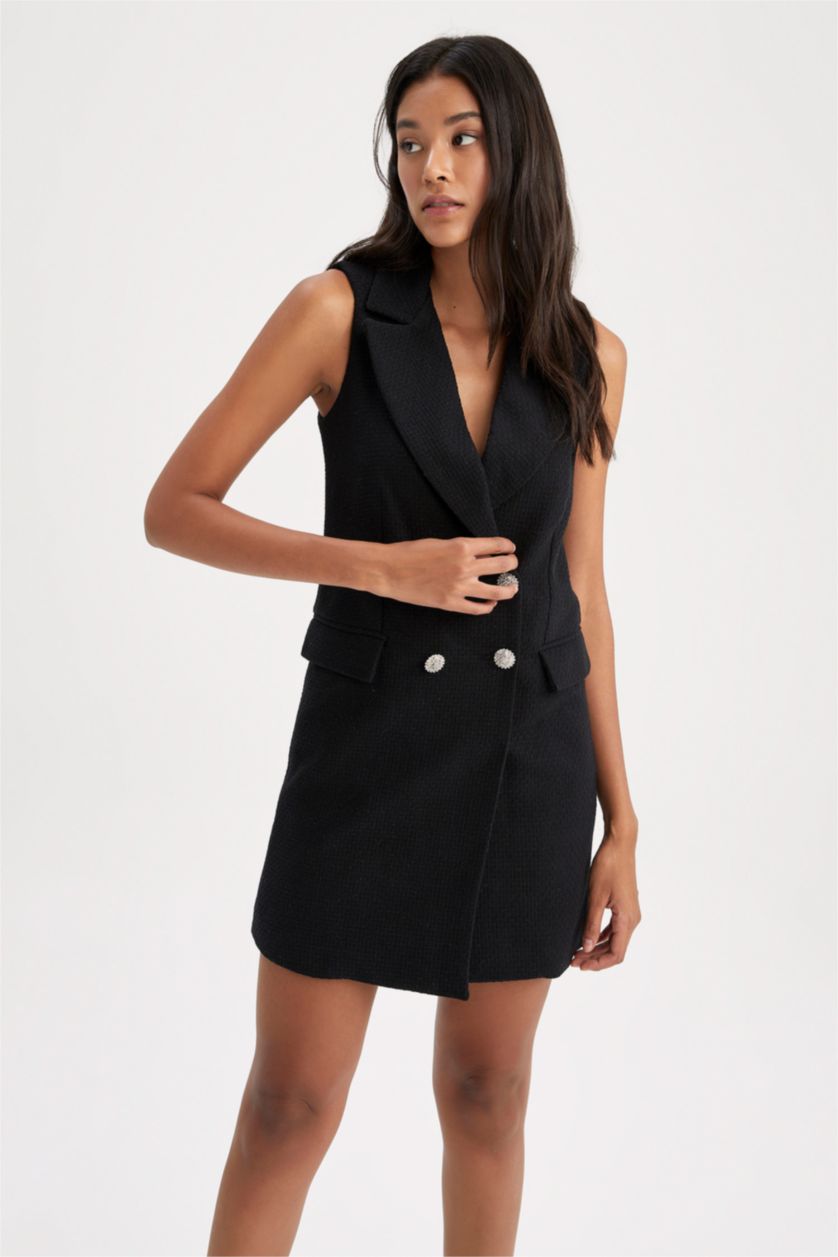 Kadın Siyah A Kesim Ceket Yaka Tweed Kısa Kollu Mini Elbise