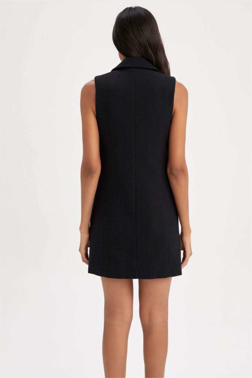 Kadın Siyah A Kesim Ceket Yaka Tweed Kısa Kollu Mini Elbise