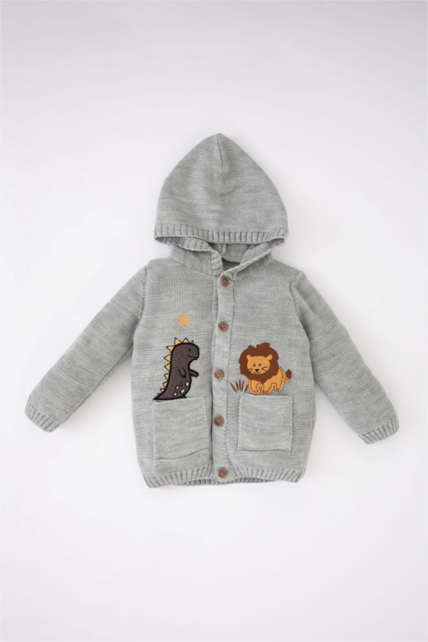 طفل صغير اللون الحجري جاكيت صوف ولادي تريكو بغطاء للرأس بطباعة الحيوانات