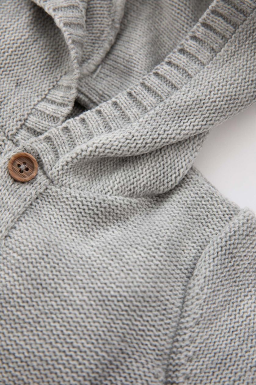 طفل صغير اللون الحجري جاكيت صوف ولادي تريكو بغطاء للرأس بطباعة الحيوانات