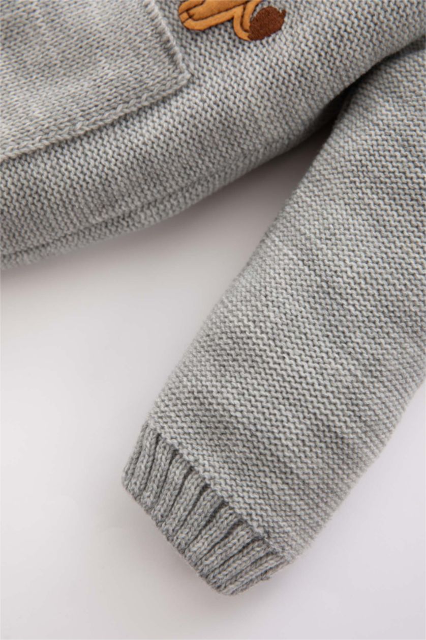 طفل صغير اللون الحجري جاكيت صوف ولادي تريكو بغطاء للرأس بطباعة الحيوانات