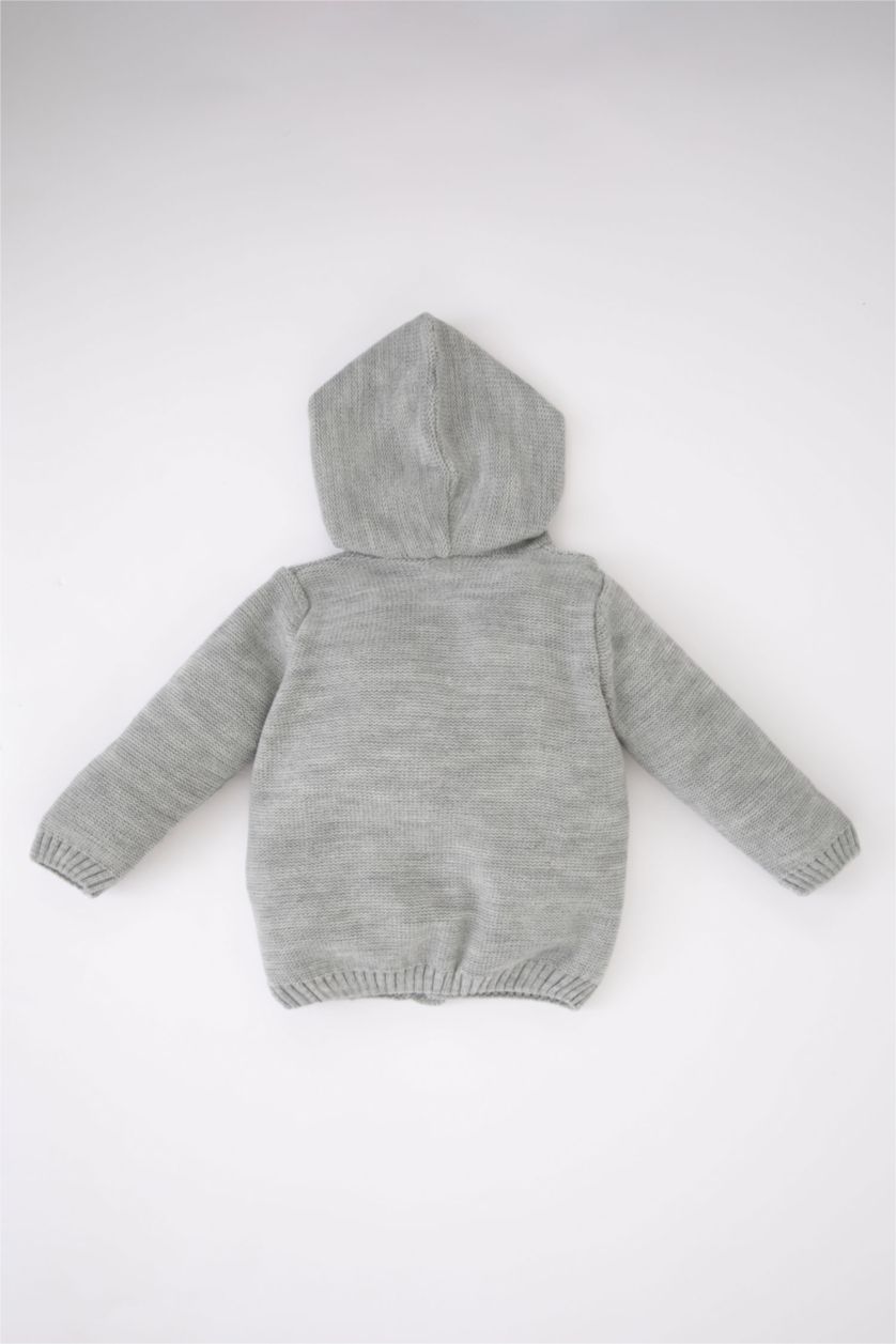 طفل صغير اللون الحجري جاكيت صوف ولادي تريكو بغطاء للرأس بطباعة الحيوانات