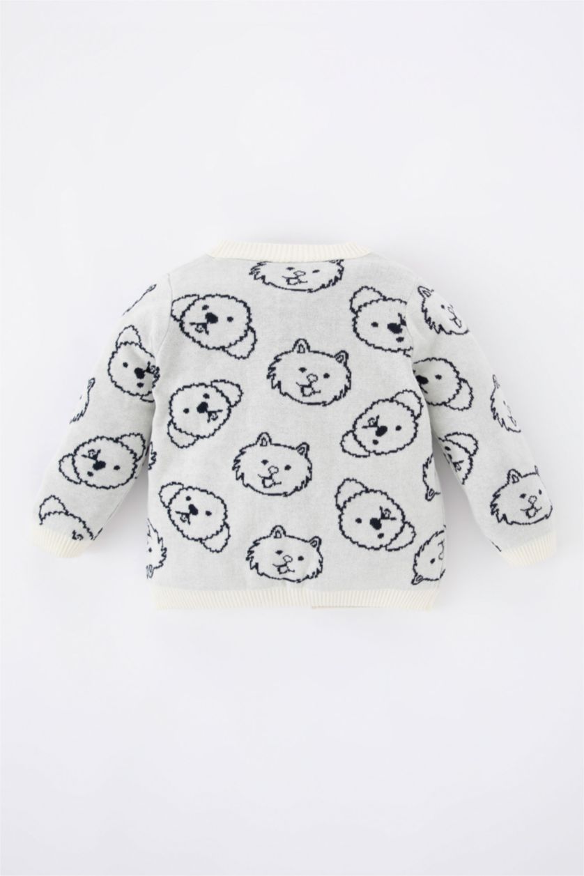 طفل صغير بيج فاتح سويتر تريكو بقصة عادية وياقة مستديرة