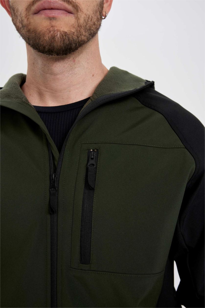 رجال كاكي داكن جاكيت سليم فيت بغطاء للرأس بفرو صناعي