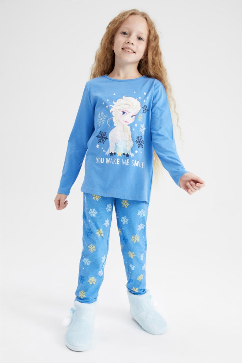 GIRLS & TEENS Blue Girls Child Frozen Long Sleeve Combed Cotton Pajamas Set