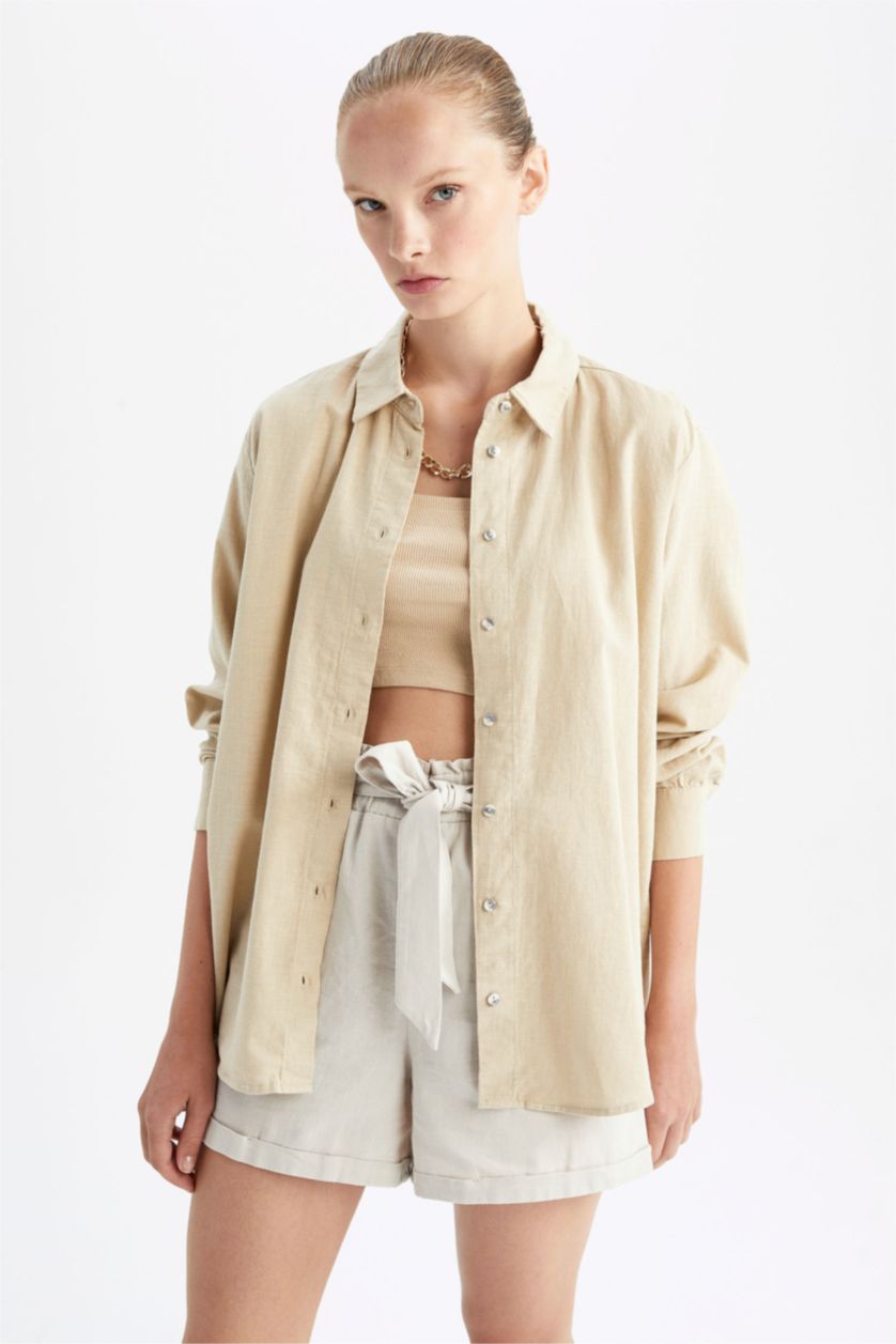 نساء اللون الرملي تونيك قميص بأكمام طويلة اوفر سايز