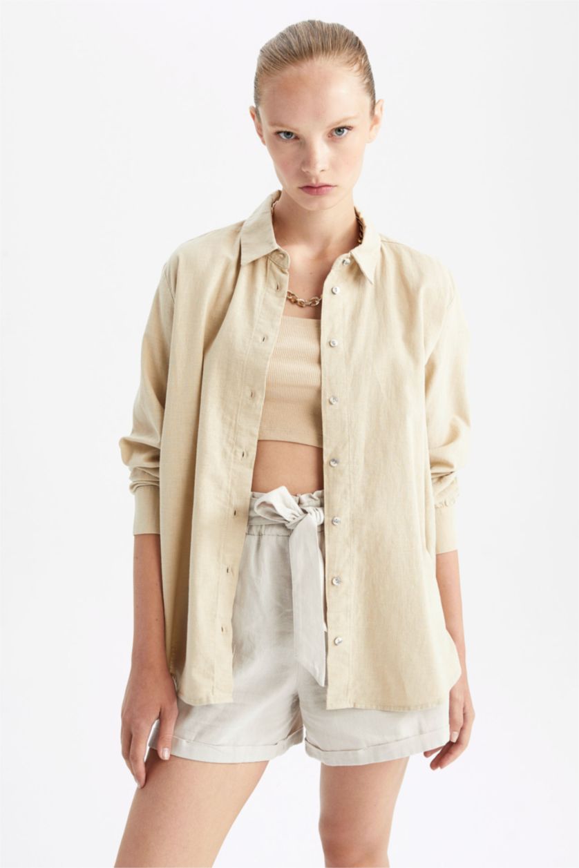 نساء اللون الرملي تونيك قميص بأكمام طويلة اوفر سايز